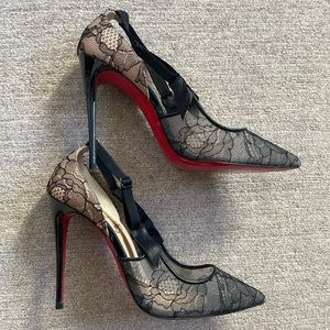 Christian Louboutin Balck Floral Lace Satin Hot Jeanbi 100 Pump Heel 37.5 / 7.5